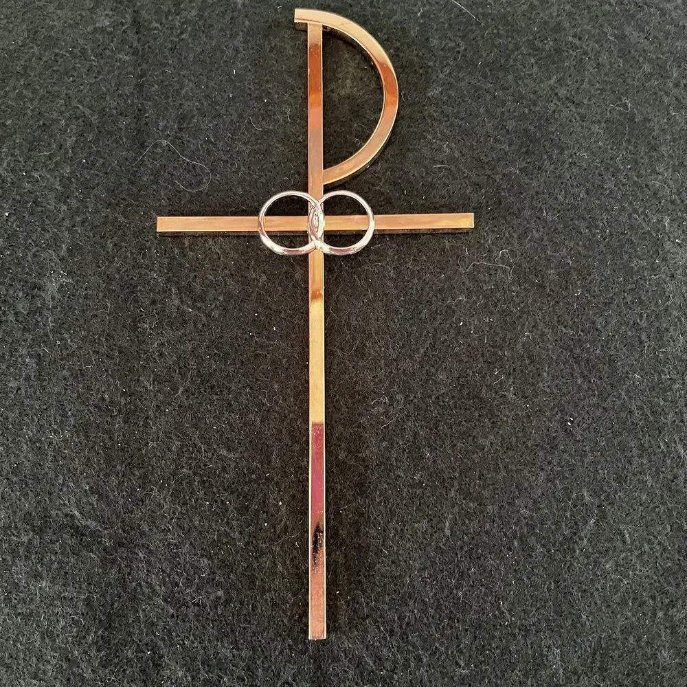 Brass Cross w/ Interlocking Wedding Rings For Christian Marriage Wall Art 8